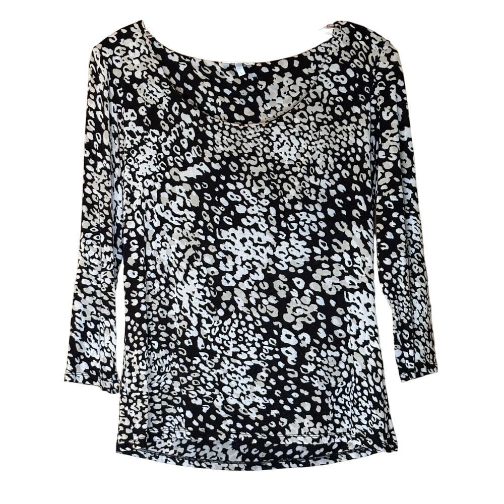 Women's Max Mara 3/4 Sleeve Animal Print Jewel Neck Blouse Black White Tan, LG